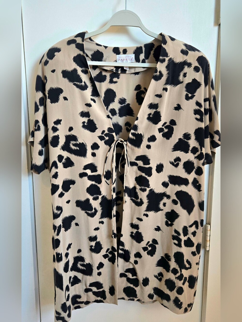 Papell 100% Silk Beige and Black Animal Print Tie-Front Cardigan
